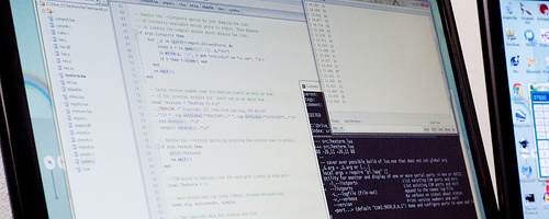 Picture of a monitor with overlapping code and terminal windows.